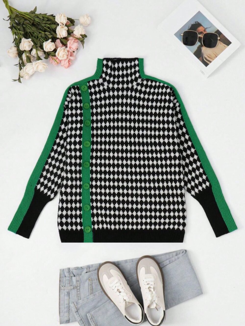 Multicolor Casual Women's Patchwork Turtleneck Loose Long Sleeve Sweater - Picture 3 of 4